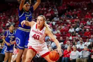 Nebraska Cornhusker center Alexis Markowski (40) drives the baseline against Nebraska Cornhusker center Alexis Markowski (40) in second half during the basketball game on Tuesday, November 14, 2023, in Lincoln, Nebraska. Photo by John S. Peterson.