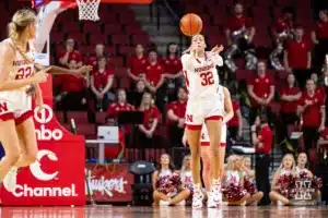 Nebraska Cornhusker guard Kendall Coley (32) makes a fast break pass to forward Natalie Potts (22) against the Alcorn State Lady Braves in the second half during the basketball game on Tuesday, November 14, 2023, in Lincoln, Nebraska. Photo by John S. Peterson.