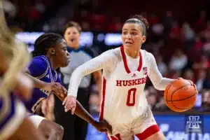 Nebraska Cornhusker guard Darian White (0) drives to the lane against Alcorn State Lady Brave guard Zy'Nyia White (11) in the first half during the basketball game on Tuesday, November 14, 2023, in Lincoln, Nebraska. Photo by John S. Peterson.