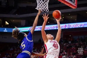 Nebraska Cornhusker center Alexis Markowski (40) makes a layup against Alcorn State Lady Brave forward Destiny Brown (5) in the second half during the basketball game on Tuesday, November 14, 2023, in Lincoln, Nebraska. Photo by John S. Peterson.