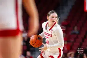 Nebraska Cornhusker guard Kendall Moriarty (15) looks for the pass against the Alcorn State Lady Braves in the first half during the basketball game on Tuesday, November 14, 2023, in Lincoln, Nebraska. Photo by John S. Peterson.