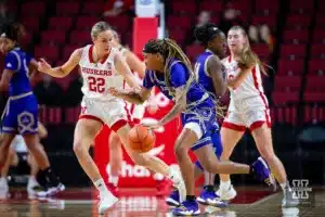 Nebraska Cornhusker forward Natalie Potts (22) guards Alcorn State Lady Brave guard Kiarra Henderson (24) in the first half during the basketball game on Tuesday, November 14, 2023, in Lincoln, Nebraska. Photo by John S. Peterson.