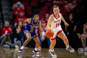 Nebraska Cornhusker guard Callin Hake (14) dribbles the ball down the court against the Alcorn State Lady Braves in the first half during the basketball game on Tuesday, November 14, 2023, in Lincoln, Nebraska. Photo by John S. Peterson.