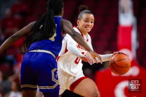 Nebraska Cornhusker guard Darian White (0) bring the ball down the court against Alcorn State Lady Brave forward Arene Iyekekpolor (14) in the first half during the basketball game on Tuesday, November 14, 2023, in Lincoln, Nebraska. Photo by John S. Peterson.