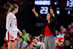 Nebraska Cornhusker head coach Amy Williams talks to guard Kendall Moriarty (15) in the first half during the basketball game against the Alcorn State Lady Braves on Tuesday, November 14, 2023, in Lincoln, Nebraska. Photo by John S. Peterson.
