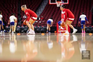 Nebraska Cornhusker guard Jaz Shelley (1) and guard Darian White (0) warm up before taking on Alcorn State Lady Braves during the basketball game on Tuesday, November 14, 2023, in Lincoln, Nebraska. Photo by John S. Peterson.