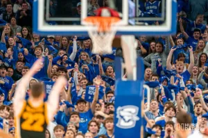 Creighton Bluejays fans cheer during a game between Iowa Hawkeyes and the Creighton Bluejays in Omaha, NE on Tuesday November 14th, 2023. Photo by Eric Francis