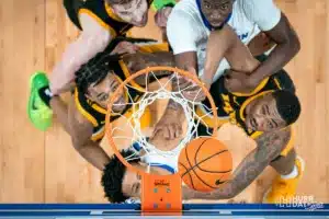The ball finds its way into the basket during a game between Iowa Hawkeyes and the Creighton Bluejays in Omaha, NE on Tuesday November 14th, 2023. Photo by Eric Francis
