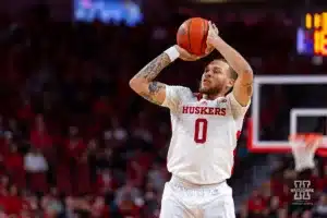 Nebraska Cornhusker guard C.J. Wilcher (0) puts a shot against the Stony Brook Seawolves in the first half during the basketball game on Wednesday, November 15, 2023, in Lincoln, Nebraska. Photo by John S. Peterson.