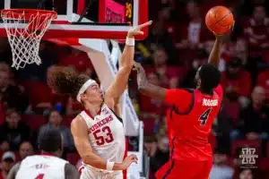 Nebraska Cornhusker forward Josiah Allick (53) defends against Stony Brook Seawolf forward Chris Maidoh (4) in the first half during the basketball game on Wednesday, November 15, 2023, in Lincoln, Nebraska. Photo by John S. Peterson.