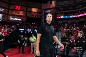 Nebraska Cornhusker head coach Fred Hoiberg walks out on to the court against the Stony Brook Seawolves during the basketball game on Wednesday, November 15, 2023, in Lincoln, Nebraska. Photo by John S. Peterson.