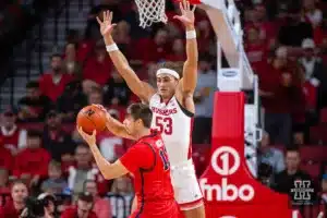 Nebraska Cornhusker forward Josiah Allick (53) defends against Stony Brook Seawolf guard Dean Noll (13) in the first half during the basketball game on Wednesday, November 15, 2023, in Lincoln, Nebraska. Photo by John S. Peterson.
