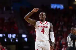 Nebraska Cornhusker forward Juwan Gary (4) celebrates a layup by Keisei Tominaga in the first half during the basketball game on Wednesday, November 15, 2023, in Lincoln, Nebraska. Photo by John S. Peterson.
