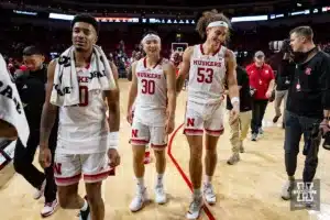 Nebraska Cornhuskers Jamarques Lawrence, Keisei Tominaga, and Josiah Allick head to the lockerroom after the win over the Stony Brook Seawolves during the basketball game on Wednesday, November 15, 2023, in Lincoln, Nebraska. Photo by John S. Peterson.