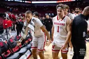 Nebraska Cornhuskers C.J. Wilcher (0) and Sam Hoiberg (1) walk to the lockerroom after the win over the Stony Brook Seawolves during the basketball game on Wednesday, November 15, 2023, in Lincoln, Nebraska. Photo by John S. Peterson.