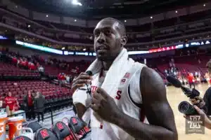 Nebraska Cornhusker forward Juwan Gary heads back to the lockerroom after the win over the Stony Brook Seawolves during the basketball game on Wednesday, November 15, 2023, in Lincoln, Nebraska. Photo by John S. Peterson.