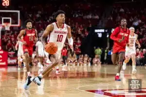 Nebraska Cornhusker guard Jamarques Lawrence (10) makes a fast break dunk against the Stony Brook Seawolves in the second half during the basketball game on Wednesday, November 15, 2023, in Lincoln, Nebraska. Photo by John S. Peterson.