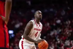 Nebraska Cornhusker forward Juwan Gary (4) shoots a free throw against the Stony Brook Seawolves in the second half during the basketball game on Wednesday, November 15, 2023, in Lincoln, Nebraska. Photo by John S. Peterson.