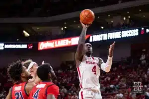 Nebraska Cornhusker forward Juwan Gary (4) makes a basket against the Stony Brook Seawolves in the second half during the basketball game on Wednesday, November 15, 2023, in Lincoln, Nebraska. Photo by John S. Peterson.
