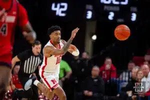 Nebraska Cornhusker guard Jamarques Lawrence (10) makes a pass against the Stony Brook Seawolves in the second half during the basketball game on Wednesday, November 15, 2023, in Lincoln, Nebraska. Photo by John S. Peterson.