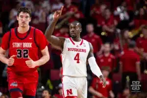Nebraska Cornhusker forward Juwan Gary (4) walks down the court against the Stony Brook Seawolves in the second half during the basketball game on Wednesday, November 15, 2023, in Lincoln, Nebraska. Photo by John S. Peterson.