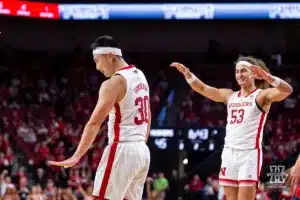 Nebraska Cornhusker guard Keisei Tominaga (30) celebrates a basket in the second half against the Stony Brook Seawolves during the basketball game on Wednesday, November 15, 2023, in Lincoln, Nebraska. Photo by John S. Peterson.