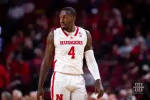 Nebraska Cornhusker forward Juwan Gary (4) walks down the court against the Stony Brook Seawolves in the second half during the basketball game on Wednesday, November 15, 2023, in Lincoln, Nebraska. Photo by John S. Peterson.