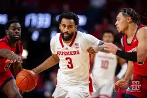Nebraska Cornhusker guard Brice Williams (3) drives the lane against Stony Brook Seawolf guard Aaron Clarke (5) in the second half during the basketball game on Wednesday, November 15, 2023, in Lincoln, Nebraska. Photo by John S. Peterson.