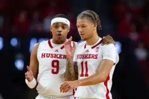 Nebraska Cornhusker guard Jarron Coleman (9) and Eli Rice talk at a break in the action against the Florida A