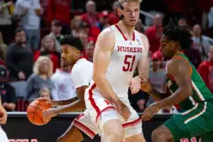 Nebraska Cornhusker guard Jamarques Lawrence (10) dribbles the ball against the Florida A