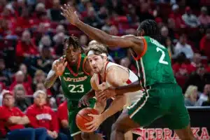 Nebraska Cornhusker guard Sam Hoiberg (1) drives between Florida A