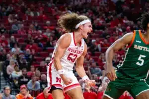 Nebraska Cornhusker forward Josiah Allick (53) celebrates his dunk in the first half against the Florida A