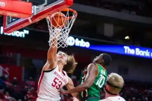 Nebraska Cornhusker forward Josiah Allick (53) makes a dunk against Florida A