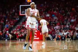 Nebraska Cornhusker guard Jarron Coleman (9) celebrates a three point shot against the Florida A