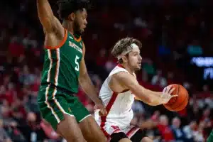 Nebraska Cornhusker guard Sam Hoiberg (1) makes a pass against Florida A