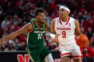 Nebraska Cornhusker guard Jarron Coleman (9) dribbles to the basket against Florida A