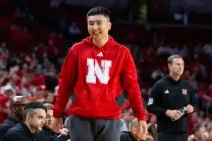 Nebraska Cornhusker guard Keisei Tominaga (30) celebrates a basket against the Florida A