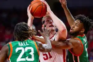 Nebraska Cornhusker forward Rienk Mast (51) drives to the basket for a layup against Florida A