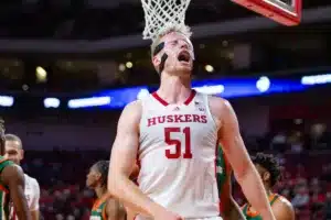 Nebraska Cornhusker forward Rienk Mast (51) celebrates a basket against the Florida A