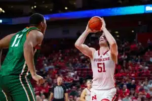 Nebraska Cornhusker forward Rienk Mast (51) puts up a layup against Florida A