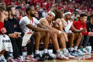 Nebraska Cornhuskers forward Josiah Allick (53) and guard Brice Williams (3) visit on the bench against the Florida A