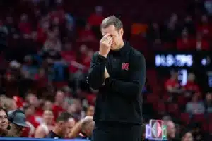 Nebraska Cornhusker head coach Fred Hoiberg reacts to a play on the court against the Florida A