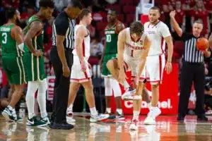 Nebraska Cornhusker guard Sam Hoiberg (1) has a shoe tear apart against the Florida A