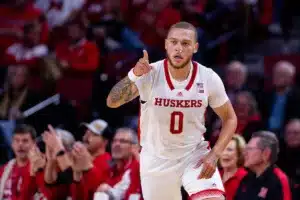 Nebraska Cornhusker guard C.J. Wilcher (0) runs back down court after making a three-point basket against the Rider Broncs in the first half during the basketball game on Monday, November 13, 2023, in Lincoln, Nebraska. Photo by John S. Peterson.