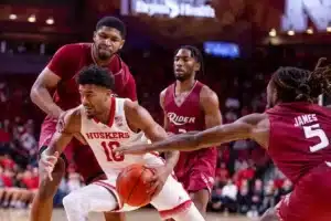 Nebraska Cornhusker guard Jamarques Lawrence (10) drive to the basket against the Rider Broncs in the first half during the basketball game on Monday, November 13, 2023, in Lincoln, Nebraska. Photo by John S. Peterson.