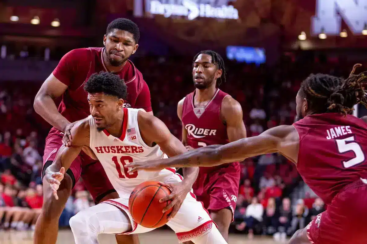 Nebraska Cornhusker guard Jamarques Lawrence (10) drive to the basket against the Rider Broncs in the first half during the basketball game on Monday, November 13, 2023, in Lincoln, Nebraska. Photo by John S. Peterson.