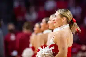 Nebraska Cornhuskers cheer squad performs at a break in the action against the Rider Broncs during the basketball game on Monday, November 13, 2023, in Lincoln, Nebraska. Photo by John S. Peterson.