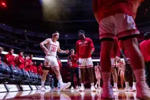 Nebraska Cornhusker guard Keisei Tominaga (30) is introduced to the fan against the Rider Broncs during the basketball game on Monday, November 13, 2023, in Lincoln, Nebraska. Photo by John S. Peterson.