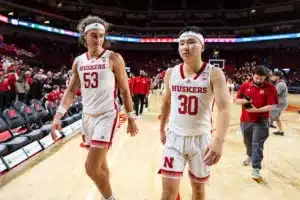Nebraska Cornhusker forward Josiah Allick (53) and guard Keisei Tominaga (30) walk off the court after the win over the Rider Broncs  during the basketball game on Monday, November 13, 2023, in Lincoln, Nebraska. Photo by John S. Peterson.