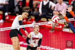 Nebraska Cornhusker Merritt Beason (13) spikes the ball against the Illinois Fighting Illini in the first set during the volleyball match on Sunday, November 12, 2023, in Lincoln, Nebraska. Photo by John S. Peterson.